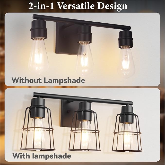 3-Light Black Bathroom Vanity Light Fixture Over Mirror, Industrial Caged | Farmhouse Rustic Wall Sconce Light Fixture with Metal Wire Lampshade for Bathroom, 17.9 Inch,E26(Bulbs not Included)