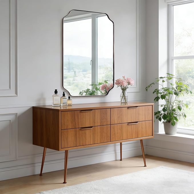 Brushed Bronze Scalloped Mirror, 26"x38" Bathroom Vanity Mirror, Antique Scalloped Mirror in Premium Stainless Steel Frame, Timeless Shape with Unique Flair, Hangs Vertically/Horizontally