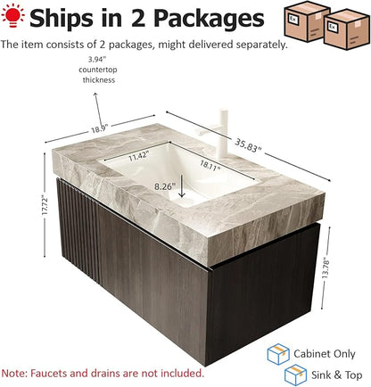 Ambrovina 30" Floating Bathroom Vanity with Sink, Modern Plywood Bathroom Storage Cabinet with Drawer and Door, Gray Sintered Stone Countertop and Ceramic Basin, Pre-Assembled, Espresso Woodgrain