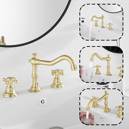 Brushed Gold Bathroom Faucet GGStudy 2 Handles 3 Holes Widespread Bathroom Sink Facuet Farmhouse Washingroom Faucet Mixer Tap