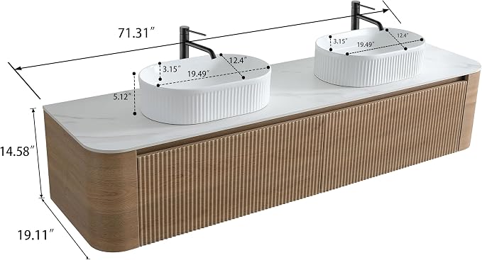 72" Preassembled Double Floating Bathroom Vanity with White Sink, Oak | Mid-Century Modern Style, Fluted & Soft-Close Drawer with U-shaped Wall, Sinterted Stone Countertop, Towel Rack Included