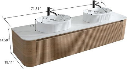 72" Preassembled Double Floating Bathroom Vanity with White Sink, Oak | Mid-Century Modern Style, Fluted & Soft-Close Drawer with U-shaped Wall, Sinterted Stone Countertop, Towel Rack Included