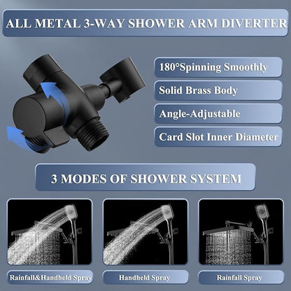 14 Inch Large Shower Head with Handheld Spray Combo and Extention Arm, Rain Rainfall Waterfall High Pressure Shower Heads, Modern Showerhead with 3-Way Diverter - Height/Angle Adjustable(Matte Black)