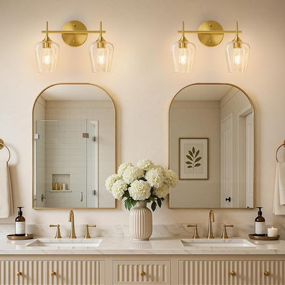 MOKATNG 2-Light Bathroom Light Fixtures, Gold Vanity Lights for Bathroom with Clear Glass, Bathroom Lighting Fixtures Over Mirror, Modern Wall lamp for Cabinet Hallway