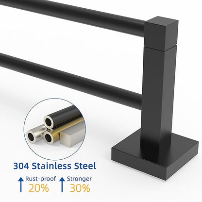 RUACQ Double Towel Bar, 24 Inch Towel Racks for Bathroom Wall Mounted, 304 Stainless Steel Bath Towel Rod with Square Base(Matte Black)