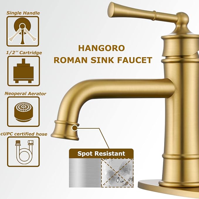 Single Hole Bathroom Faucet,Bathroom Sink Faucet 1hole,Gold Bathroom Faucet | Brushed Gold Bathroom faucet,Brass Bathroom Faucets,With Pop Up Drain and 2 Supply Hose for Vanity,Lavatory RV Farmhouse