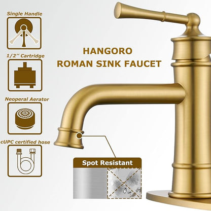 Single Hole Bathroom Faucet,Bathroom Sink Faucet 1hole,Gold Bathroom Faucet | Brushed Gold Bathroom faucet,Brass Bathroom Faucets,With Pop Up Drain and 2 Supply Hose for Vanity,Lavatory RV Farmhouse
