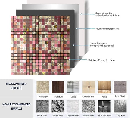 10 Sheets Peel and Stick Backsplash Tile for Kitchen, Self Adhesive wall Tiles, Stick on Bathroom Vanities, Fireplace Decor, Laundry Table (Red Mixed)