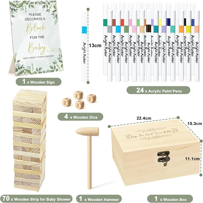 101pcs Fun Baby Shower Games Sign Kit, Baby Blocks for Baby Shower, 2 ways | Blank Wooden Strips, Games for Guest, Funniest Games Ever, Suitable for Boy and Girls, Fun Activities and Ideas