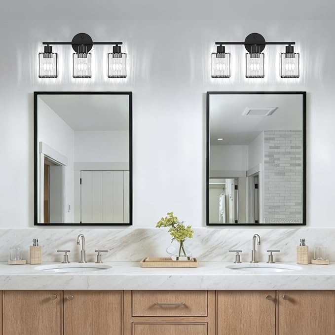 3 Light Bathroom Light Fixtures, Modern Crystal Vanity Lights over Mirror | Metal Frame, Bathroom Light with Square Crystal Shade, ETL Certified, E26 Ceramic Socket, Bulbs Not Included