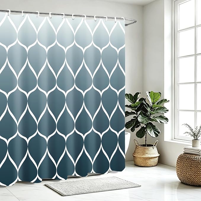 Gelbchu Geometric Shower Curtain for Bathroom, Ombre Aegean Blue, 72x72 | with Hooks, Premium Polyester, Quick Dry, Water Repellent, Machine Washable, Rustproof Grommets, Modern Minimalist