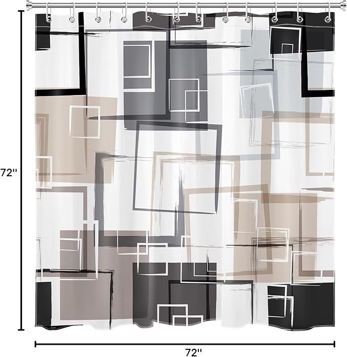 Black and Tan Geometric Shower Curtain with Hooks, Grey and White Abstract Striped on White Fabric Shower Curtain for Bathroom Decor Modern Minimalist Shower Curtain Set,72L X 72W inches