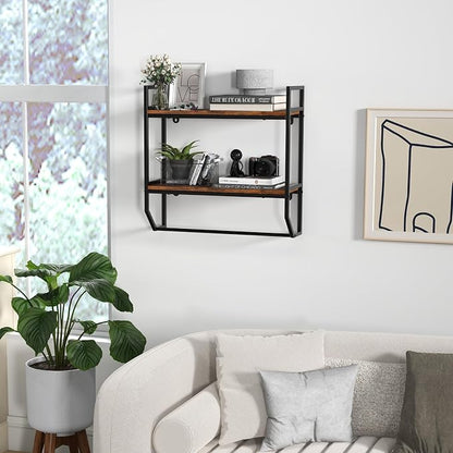 GOFLAME 2-Tier Industrial Bathroom Shelves with Towel Bar, Over the Toilet Shelf Wall Mounted with Metal Frame, Wall Storage Organizer Shelf for Bathroom, Living Room, Kitchen, Rustic Brown