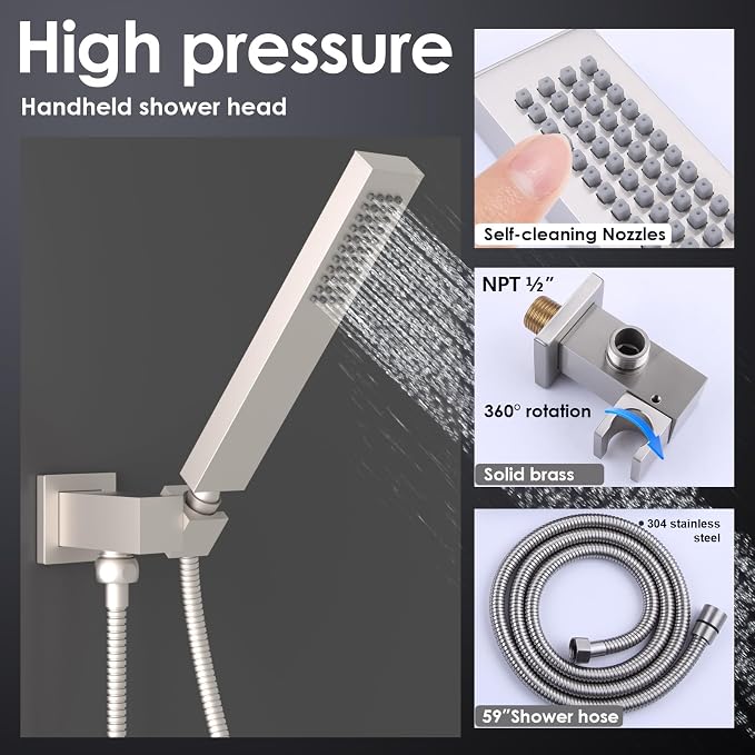 ENGA Dual Rain Shower Head System, 2 In 1 Functions Ceiling Mount 14x20inch LED Shower Head with 6 Inch Shower Head, Rainfall Waterfall Shower Faucet Set, Brushed Nickel