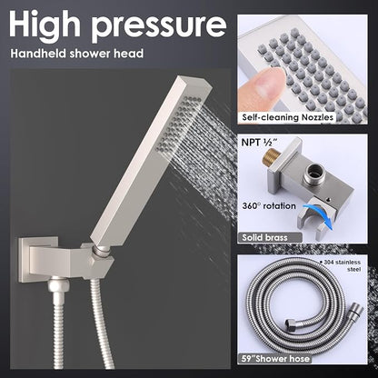 ENGA Dual Rain Shower Head System, 2 In 1 Functions Ceiling Mount 14x20inch LED Shower Head with 6 Inch Shower Head, Rainfall Waterfall Shower Faucet Set, Brushed Nickel