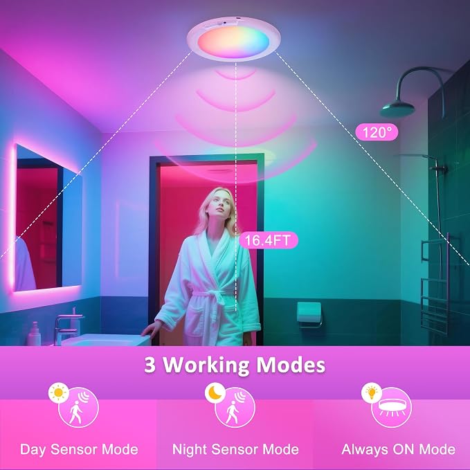 maylit 2 Pack Rechargeable Shower Lights with Motion Sensor | RGBW Waterproof Wireless Ceiling Lights for Bathrooms, Showers and Indoor Spaces