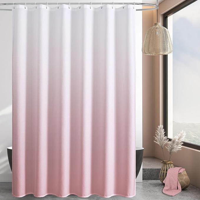 MitoVilla Pink Ombre Waffle Fabric Shower Curtain, Modern Waffle Weave Textured Shower Curtains for Luxury Rustic Bathroom Decor, Vintage Weighted Bathroom Shower Curtain, 72 x 72