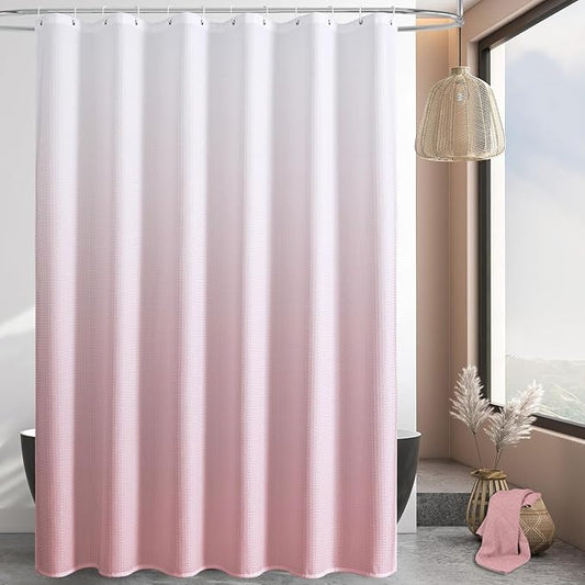 MitoVilla Pink Ombre Waffle Fabric Shower Curtain, Modern Waffle Weave Textured Shower Curtains for Luxury Rustic Bathroom Decor, Vintage Weighted Bathroom Shower Curtain, 72 x 72