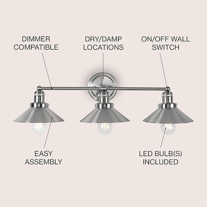 JONATHAN Y 26.5" Nickel 3-Light Industrial Farmhouse Metal Vanity Light Wall Sconce, Metal Shade for Bathroom Mirror, Kitchen, Entryway, LED Bulb Included (JYL7428B)