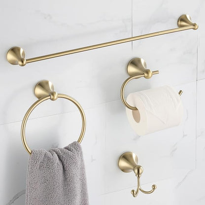 4 Piece Gold Bathroom Hardware Set - Brushed Gold Bathroom Accessories, 23.6 Inch Towel Bar | Towel Hook | Toilet Paper Holder | Hand Towel Holder