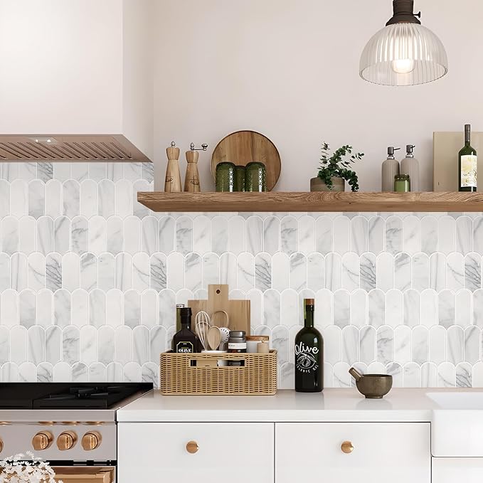 Vamos Tile Peel and Stick Backsplash,Thicker Design, Statuary White,10 pcs | Self Adhesive Vinyl Wall Tiles with White Grout, Stick on Backsplash for Kitchen, Bathroom, RV