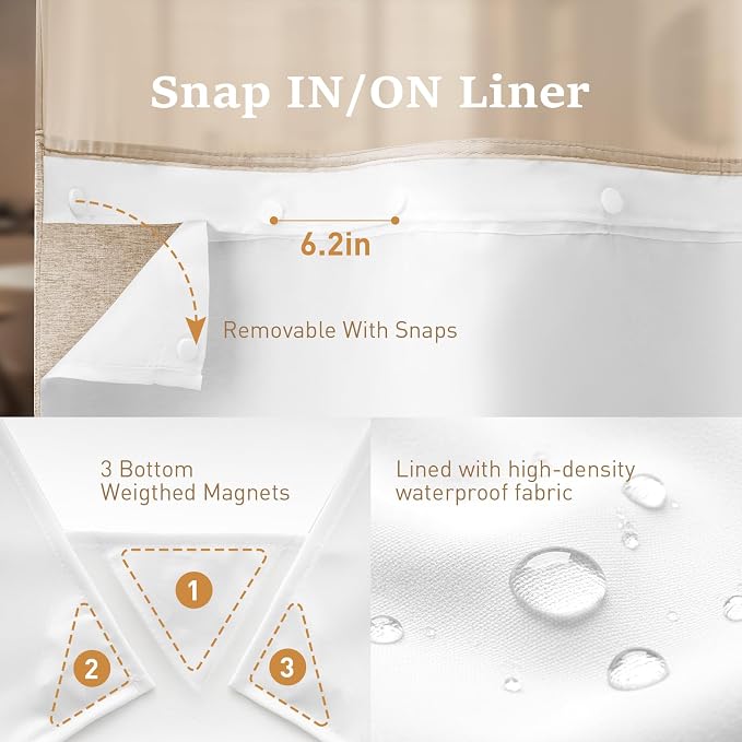 Tan Ringless Linen Textured Shower Curtain with Snap in Liner, 72x75 | 3 in 1 Hotel Shower Curtain Set, Removable Liner, Waterproof & Washable, Mesh Top Window, Durable Fabric, Easy to Install