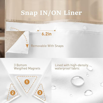 Tan Ringless Linen Textured Shower Curtain with Snap in Liner, 72x75 | 3 in 1 Hotel Shower Curtain Set, Removable Liner, Waterproof & Washable, Mesh Top Window, Durable Fabric, Easy to Install