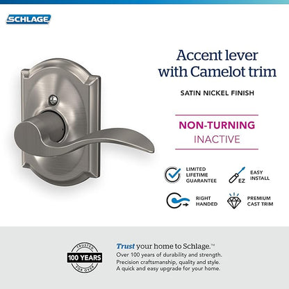 Schlage F170 ACC 619 CAM RH Right Handed Accent Door Lever with Camelot Trim, One Sided Non-Turning Dummy Door Handle, Satin Nickel