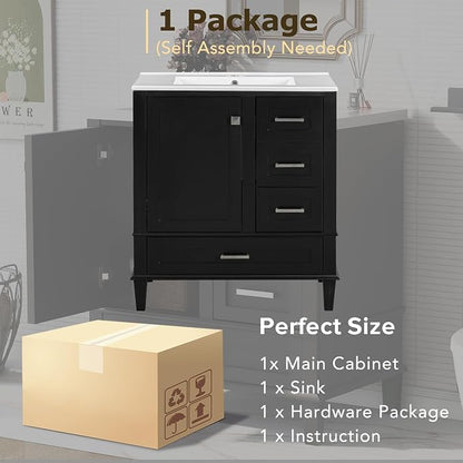 30" Bathroom Vanity with Smooth Ceramic Sink Combo, Free Standing Single Basin Vanity Set with 3 Drawers,Solid Wood Bathroom Cabine for Bathroom,Black