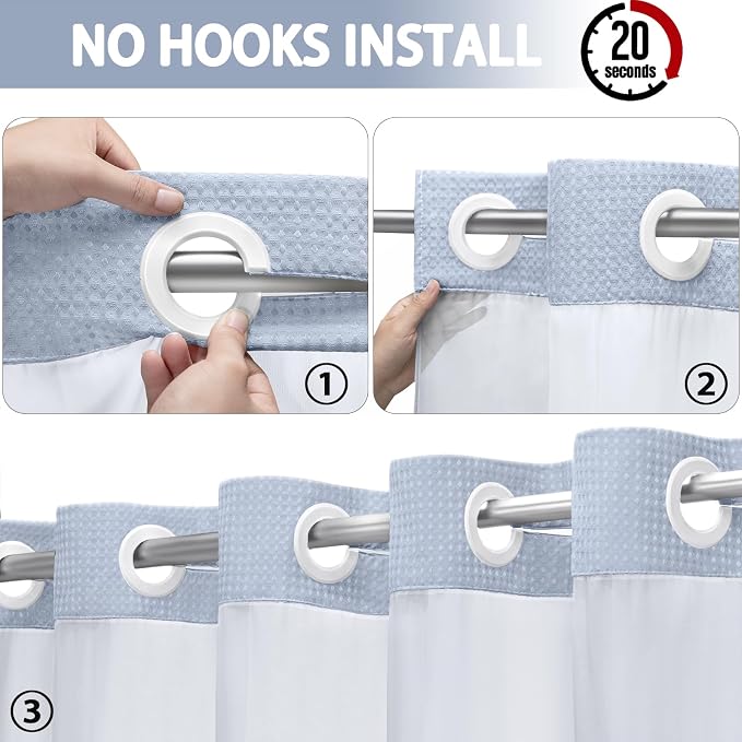 No Hook Shower Curtain and Liner Set,Mist Blue Hotel Waffle Shower Curtain with Liner 75" L x 72" W