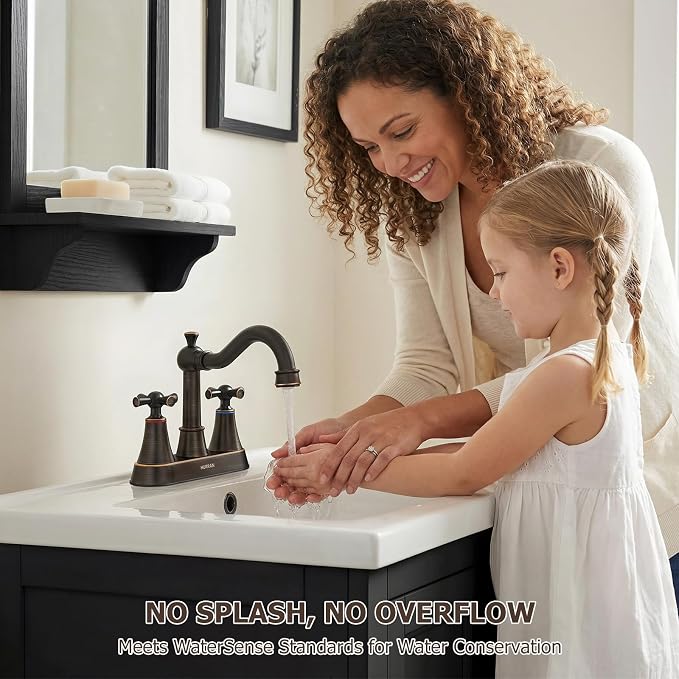 4-inch Centerset ORB Classical Bathroom Faucet, 2 Handles for 2 or 3 Hole Sink with 360° Swivel Spout, Pop Up Drain Assembly and Supply Hose for Vanity Sink Lavatory Faucet