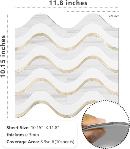 Vamos Tile Peel and Stick Backsplash Seamless Tile,Dolomite+White+Gold,10 | Stick on Backsplash for Kitchen and Bathroom, PVC Mix Metal Gold Self Adhesive Wall Tiles,11.8''x10.15''