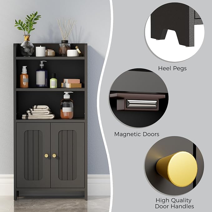 BEWISHOME Bathroom Storage Cabinet,Small Floor Cabinet,Toilet Paper Cabinet | with 2 Doors and Shelves, Bathroom Organizers and Storage for Small Spaces, Black 7.9" D x 14.6" W x 31" H YYG08B