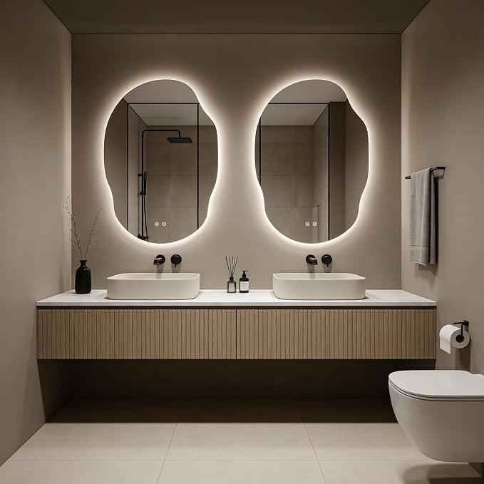 Backlit LED Bathroom Vanity Mirror with Lights, Irregular Asymmetrical Design,45" H x 32" W, Anti-Fog, Dimmable 3 Color Lighting, Memory, Hardwired Mount, Supports Horizontal & Vertical