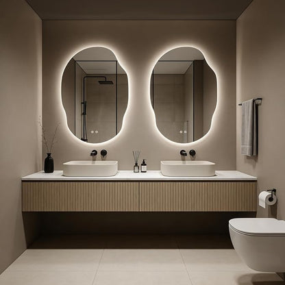 Backlit LED Bathroom Vanity Mirror with Lights, Irregular Asymmetrical Design,45" H x 32" W, Anti-Fog, Dimmable 3 Color Lighting, Memory, Hardwired Mount, Supports Horizontal & Vertical