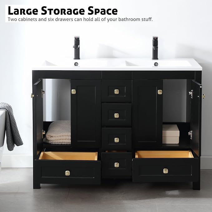 LUCKWIND 48" Bathroom Vanity and Sink Combos, Modern Bathroom Storage Painted Cabinet with Undercounter Resin Dual Sink Top, Matte Black Faucet and 6 Drawers, Mirror Not Included, Black