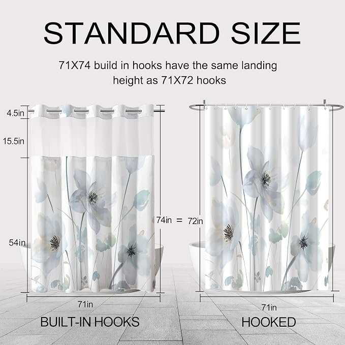No Hook Shower Curtain and Liner Set, Light Blue Boho Floral 71x74 | Watercolor Boho Flower, with Snap in Liner, Mesh Top Window, Waterproof, Machine Washable, Quick-Drying, for Hotel Bathroom