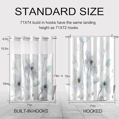 No Hook Shower Curtain and Liner Set, Light Blue Boho Floral 71x74 | Watercolor Boho Flower, with Snap in Liner, Mesh Top Window, Waterproof, Machine Washable, Quick-Drying, for Hotel Bathroom