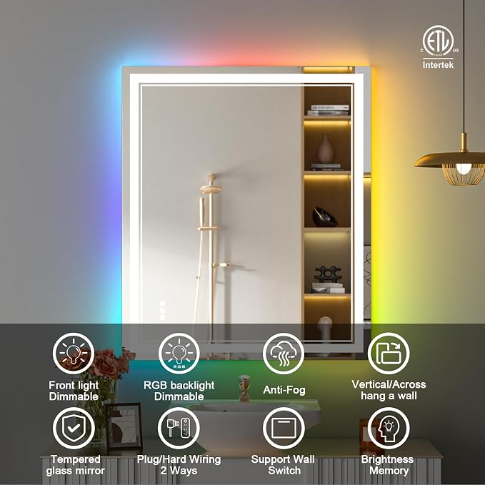 30x36 Inch RGB LED Bathroom Mirror with Lights | Front and RGB Backlit, Dimmable, Memory, Anti Fog, Shatterproof, Horizontal/Vertical, Lighted Mirrors for Bathroom Wall