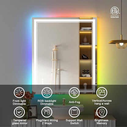 30x36 Inch RGB LED Bathroom Mirror with Lights | Front and RGB Backlit, Dimmable, Memory, Anti Fog, Shatterproof, Horizontal/Vertical, Lighted Mirrors for Bathroom Wall