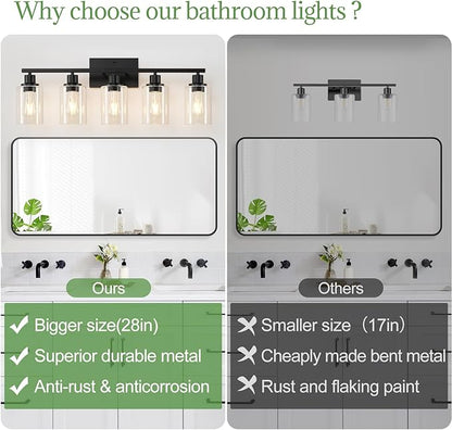 5-Light Bathroom Light Fixtures, Vanity Light with Clear Glass Shades, Matte Black Bathroom Light Fixtures Over Mirror, Modern Bathroom Wall Lamp for Mirror Living Room Cabinet Bedroom