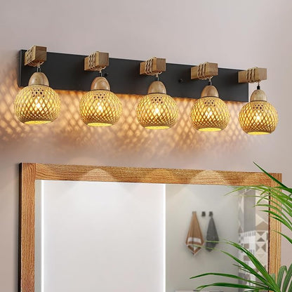 5-Light Boho Vanity Light, Farmhouse Bathroom Light Fixture, Rattan Bathroom Light Fixture Over Mirror Rustic Vanity Lighting with Handmade Bamboo Shades, Suit for Restroom, Bedroom, Hallway