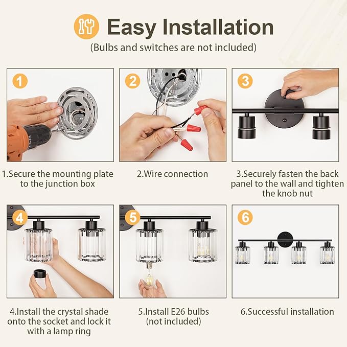 Crystal Bathroom Light Fixtures, Bathroom Lighting Fixtures Over Mirror, Modern Black Gold 4-Light Vanity Lights for Mirror, Restroom, Bedroom (Ceramic E26 Socket,Bulbs Not Include)