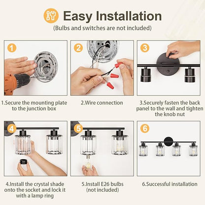 Crystal Bathroom Light Fixtures, Bathroom Lighting Fixtures Over Mirror, Modern 4-Light Brushed Nickel Vanity Lights for Mirror, Restroom, Kitchen(Ceramic E26 Socket,Bulbs Not Include)
