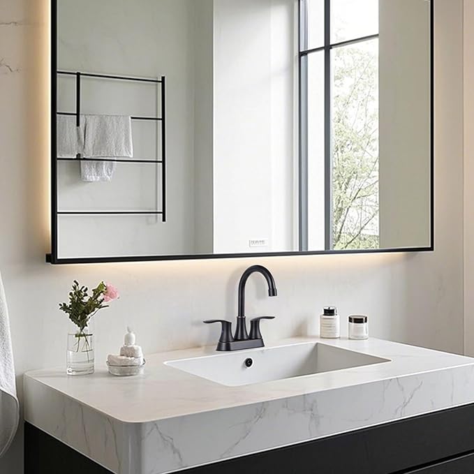 Friho Centerset Lead-Free Modern Commercial 2-Handle Oil Rubbed Bronze Bathroom Faucet, 3 Hole 4 inch RV Bath Vanity Faucets with Drain Stopper and Water Hoses