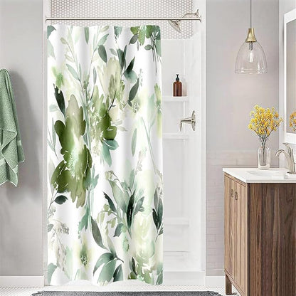 Small Stall Shower Curtain 36x72 Inch Half Narrow Olive Green Floral Decor | Modern Abstract Flower Fabric Bathroom Shower Curtain Set with Hooks