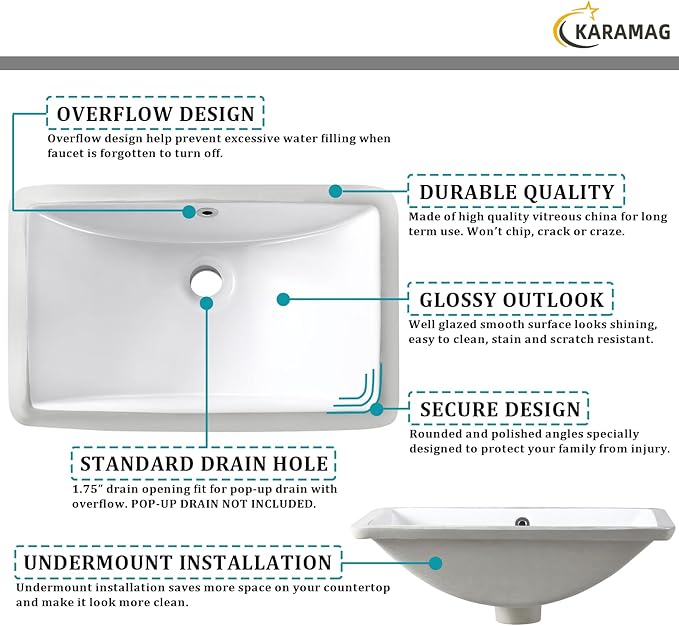 Undermount Bathroom Sink 18.7"X11.9" Inch White Rectangular Porcelain Ceramic Vanity Basin with Overflow KARAMAG