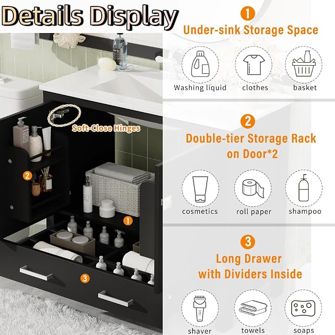 36" Freestanding Bathroom Vanity with Sink, Floor Stand Bathroom Storage Cabinet with Ceramic Sink, Doors with Double-Layered Storage Shelves, Modern Compact Vanity with Divided Drawer, Black