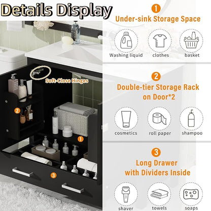 36" Freestanding Bathroom Vanity with Sink, Floor Stand Bathroom Storage Cabinet with Ceramic Sink, Doors with Double-Layered Storage Shelves, Modern Compact Vanity with Divided Drawer, Black
