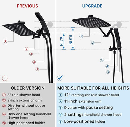 G-Promise 12 Inch All Metal Rain Shower Head with Handheld (Matte Black) | Suits Every Height, Pause Mode Diverter, Massage Mode Handheld, Full Body Coverage, Easy to Install, Modern Bath Upgrade
